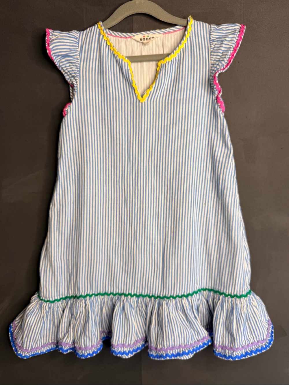 Mini Boden Swim Cover Up Girls 7/8 Years Blue White Striped Embroidered Floral